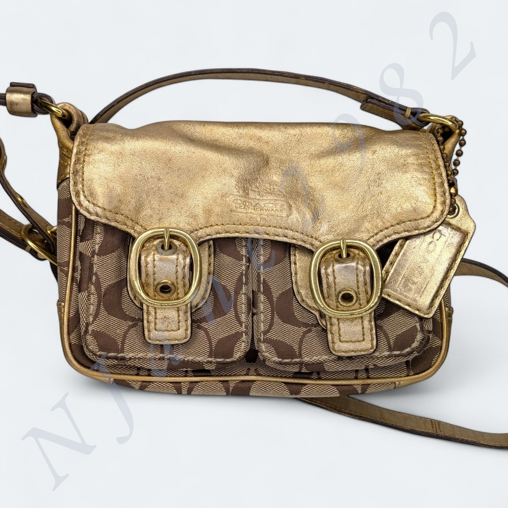 Coach Bleeker Crossbody Bag Jessie Signature Gold Tan Mini Messenger Buckle Y2K - Picture 2 of 16